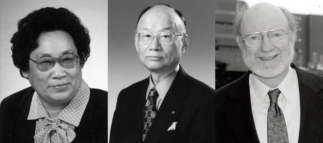 투 유유 중국전통의학연구원 교수(왼쪽부터), 오무라 사토시 일본 기타사토대 특별영예교수, 윌리엄 캠벨 미국 뉴저지 주 매디슨 드루대 교수 - 노벨위원회 제공